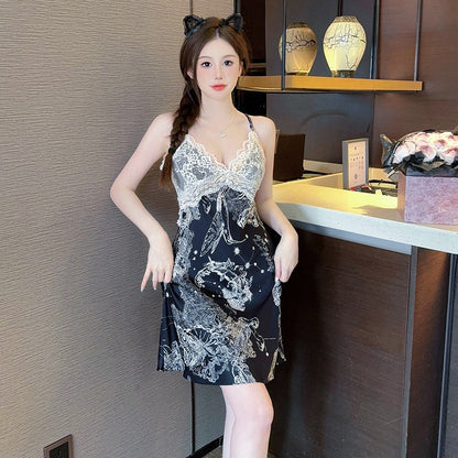 Sexy Nightwear for Women: Premium Ice Silk Strapless Camisole Nightgown Set Pure Desire Nightdress Homewear