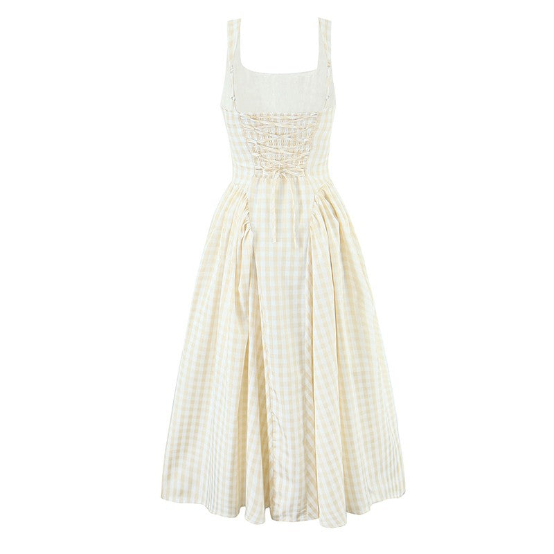 YENKYE Lace Up Bandage Plaid Sling Dress Women Elegant Square Neck Low Waist A-l