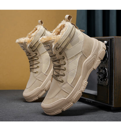 Winter Fleece Warm High-top Men's Shoes Trendy Casual Outdoor Solid Color Mid-top Fashionable Round Toe Plus-size Snow Boots