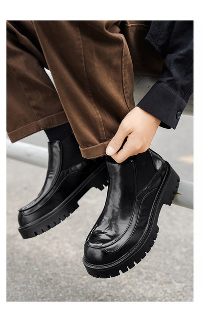 New designer black fashionable men's leather shoes for autumn and winter, retro ankle boots, round-toe business Chelsea boots