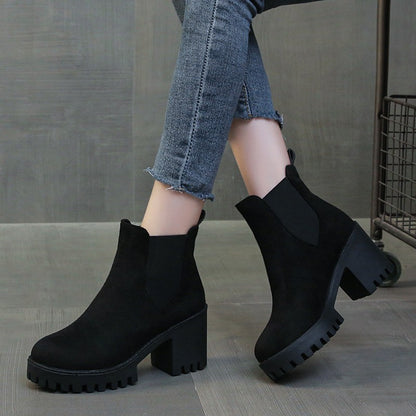 Autumn Women Suede Ankle Boots Fashion Metal Decoration Slimming Short Booties Autumn Winter Female Thick Heel Shoes D114