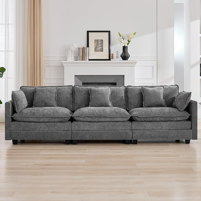 111" Luxury Sectional Deep Seat Couch – Cloud Modern Comfy Chenille Living Room Sofa, 3-Seat Modular Upholstered