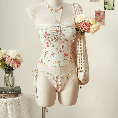 Trendy Floral Print Tankini Two-Piece Swimsuit with Halter Neck And Strap for Women High Waist Sexy Tight Fit Backless Swimwear