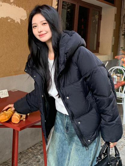 Korean Winter Women Black Beige Hood Zipper Down Jacket Ladies Blue Single Breasted Short Warm Thick Bread Coat Streetwear Trend