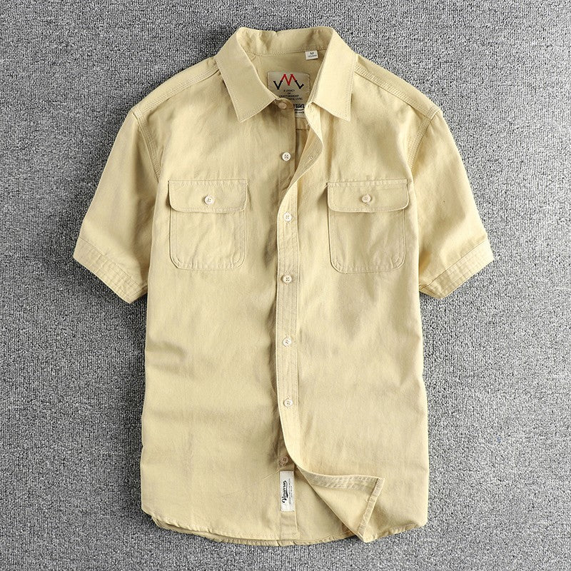 Simple cargo pocket design summer vintage short-sleeved shirt for men washed twill cotton fabric casual shirt