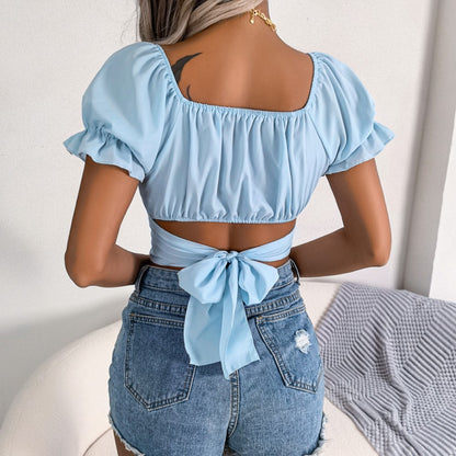 Women Casual Short Sleeve Square Collar Crop Top Summer Chiffon Blouse 2023