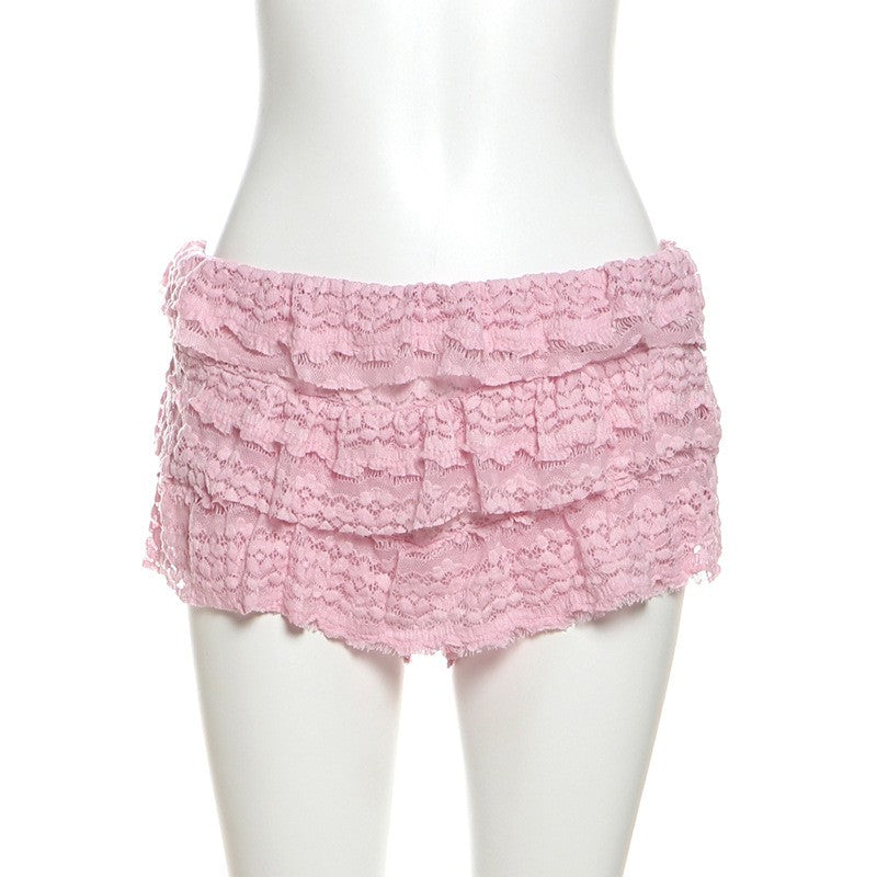 2025 New Fashion Sweet Temperament Solid Color Lace Spice Girl Pleated Low Waist Navel Shorts Femininity Sexy