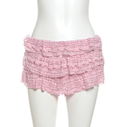 2025 New Fashion Sweet Temperament Solid Color Lace Spice Girl Pleated Low Waist Navel Shorts Femininity Sexy