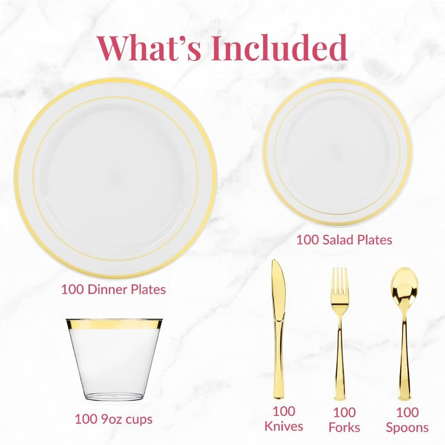 Conjunto de Louça Descartável para Festa Prestee com 600 Peças para 100 Convidados, Talheres Dourados Descartáveis com Pratos, Copos, Facas, Garfos e Colheres