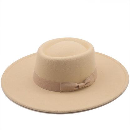 Chapéu Fedora Feminino De Lã Feltro Preto Liso Com Aba Larga De 9,5 Cm E Topo Reto, Com Laço, Vintage, Igreja, Casamento, Panamá