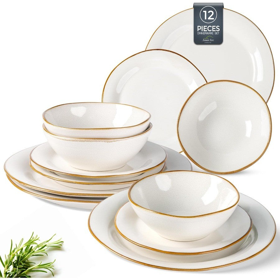 Handmade Stoneware Ceramic Dinnerware Set with Reactive Glaze for Dining Room Use Scratch Resistant Plates and Bowls Set Suitab
