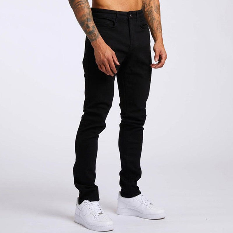 Calça Jeans Masculina Elástica Skinny Cor Sólida Calça Lápis Elástica Jeans Slim Fit Corrida Streetwear Calça Jeans Casual Preto