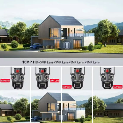 8K 12MP Outdoor WiFi Camera 12X Zoom Four Lens Three Screen PTZ Camera 360° Surveillance Cameras Motion Tracking Security Camera