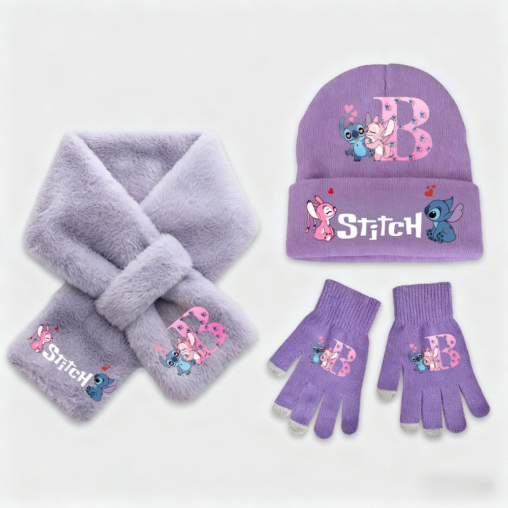 Disney Anime Stitch 3 Peças Conjunto Infantil Feminino Quente de Tricô Stitch Chapéu Lenço Luvas Moda Inverno Casual Presente de Aniversário Acessórios