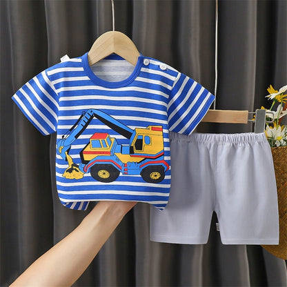 Cotton Pajama Cartoon T-Shirt+Shorts 2-Piece Clothing Set Kids Summer Baby Boys Girls Stripe Casual Tracksuit Clothes Suit 0-6 Y