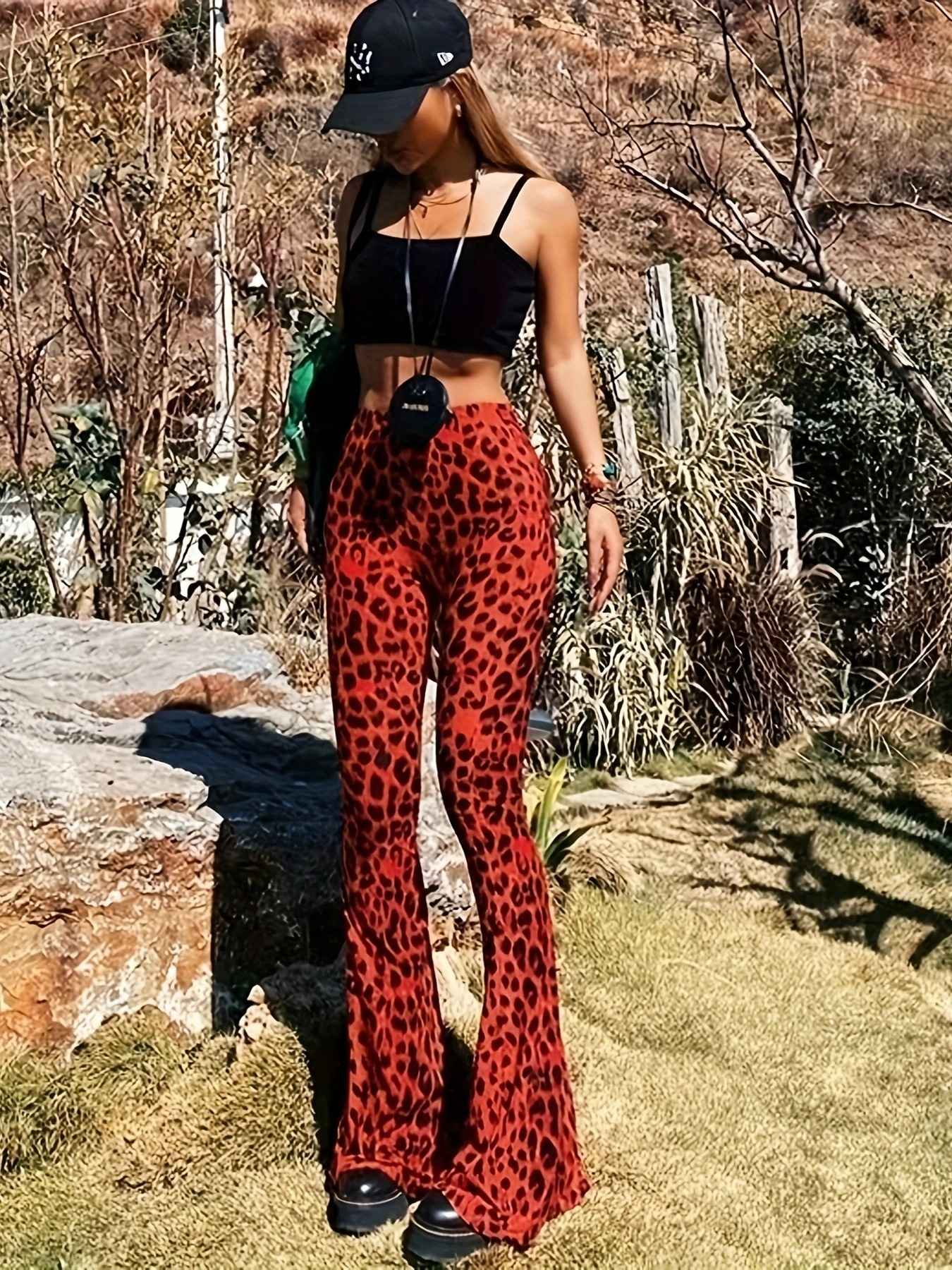 New High Waist Leopard Print Flare Pants Women's Stretchy Casual Streetwear Tummy Control Bootcut Trousers Elastic Waistband