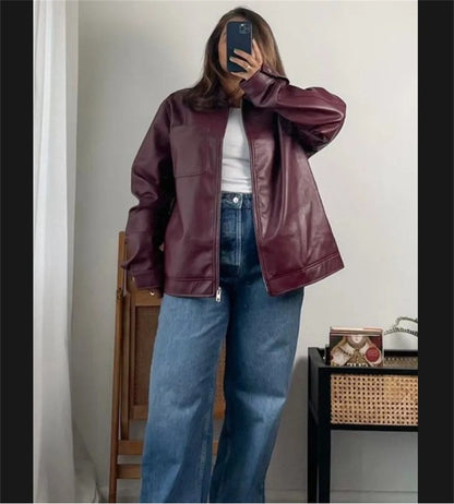 Jaqueta Feminina de Couro Sintético Vermelho Vinho Vintage, Casaco Moderno com Zíper e Lapela, Casacos de Outono Inverno, Blusas Curtas Femininas Estilo Streetwear