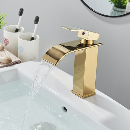 Brushed Golden Basin Faucets Elegant Waterfall Bathroom Sink Faucet Single Lever Hole Deck Mount Brass  Mixer Taps