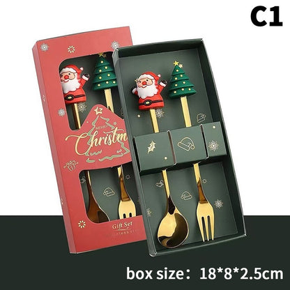 Stainless Steel Christmas Fork And Spoon Set with Gift Box for Coffee Tea Dessert Tableware