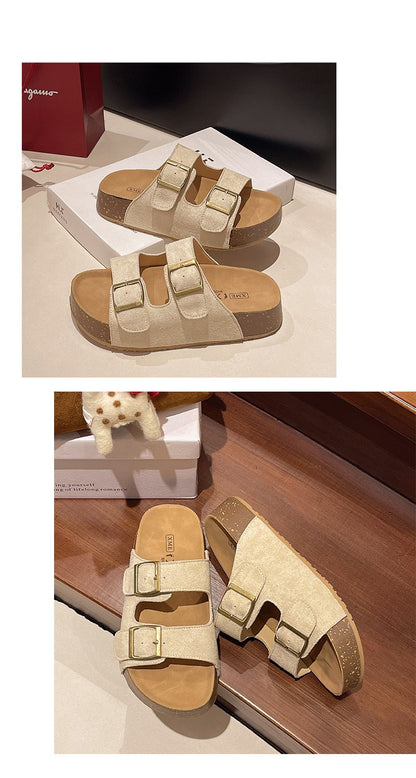 Bebealy Women's Sandals Soft-soled Platform Sandals Double Buckle Roman-style Belt-buckle Slippers Popular Slip-on Flat Slippers