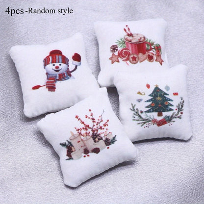 4pcs Dollhouse Mini Christmas Pillows, DIY Miniature Home Living Room Scene Decoration Props,Model Accessories,Christmas decor