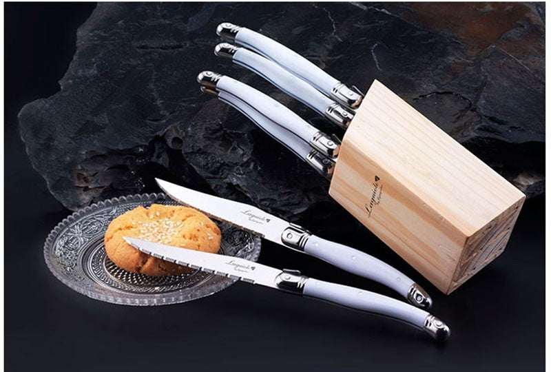 Conjunto de Facas de Churrasco Laguiole em Aço Inoxidável 6/7 Peças, Facas de Churrasco com Suporte de Madeira, Faca de Jantar de Aço, Conjunto de Talheres Coloridos de Natal