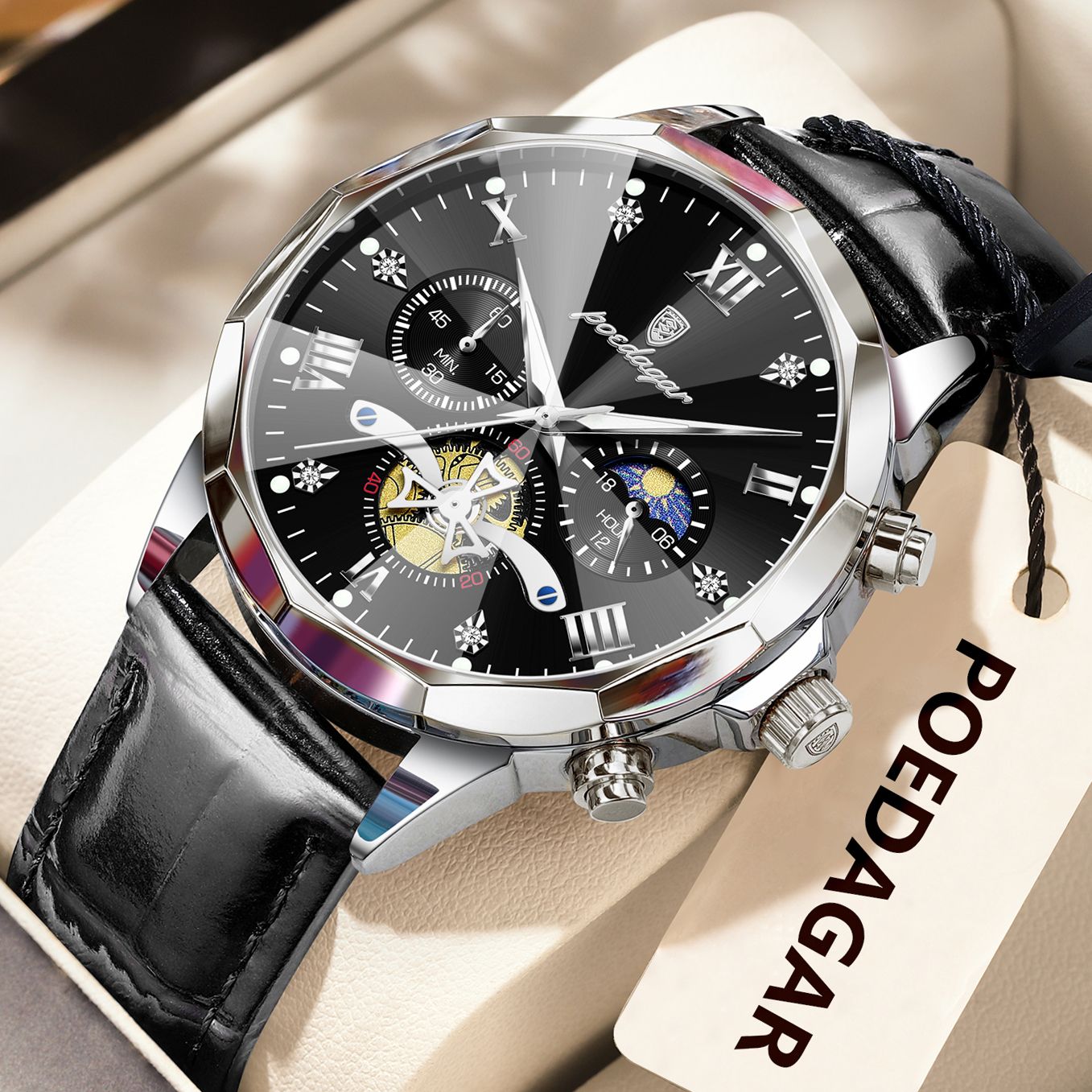 POEDAGAR Relógio de Pulso Militar de Luxo Masculino Quartzo Impermeável Luminoso Cronógrafo Couro Masculino Relógio Esportivo Masculino Relógio Masculino