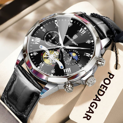 POEDAGAR Relógio de Pulso Militar de Luxo Masculino Quartzo Impermeável Luminoso Cronógrafo Couro Masculino Relógio Esportivo Masculino Relógio Masculino