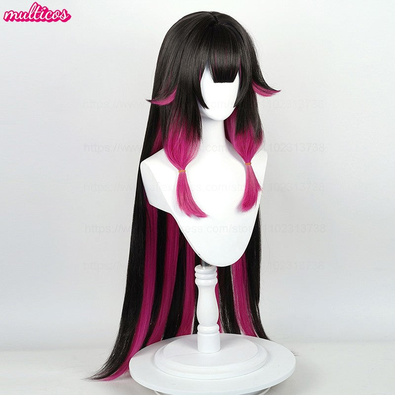 Peruca de Cosplay Columbina de Alta Qualidade 105cm Longa Lisa Preta Rosa Cabelo Sintético Resistente ao Calor Anime Fatui Cosplay Perucas + Touca de Peruca