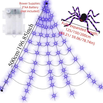 8 Modes Halloween Spider Web Lights Glow Waterproof LED Spider Net Triangle Hanging Scary Giant Spider Party