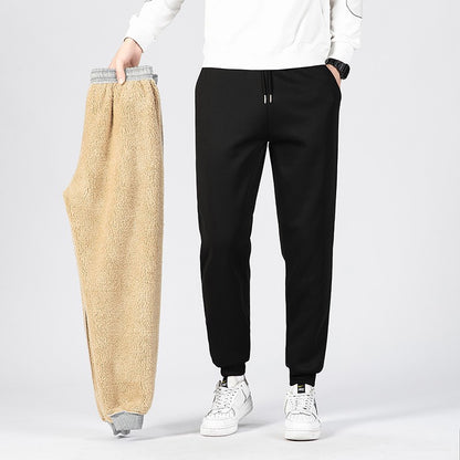 Calças masculinas para outono e inverno, forradas com lã para uso externo, calças casuais, calças de moletom esportivas quentes de lã de carneiro