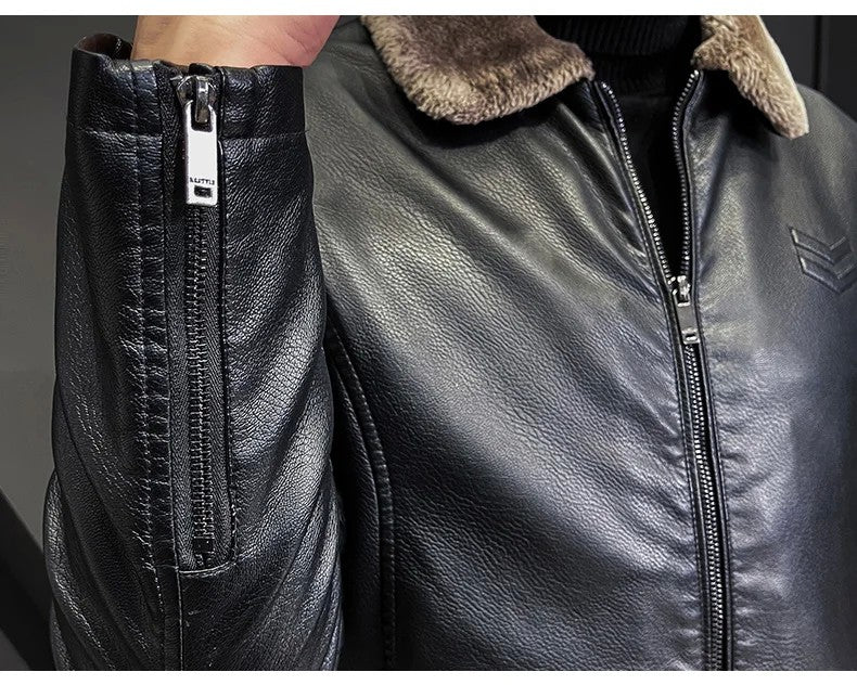 Vintage Brown Leather Jacket Men's Winter Faux Fur Collar Windproof Warm Coat Male Luxury Clothing Brand chaqueta cuero hombre