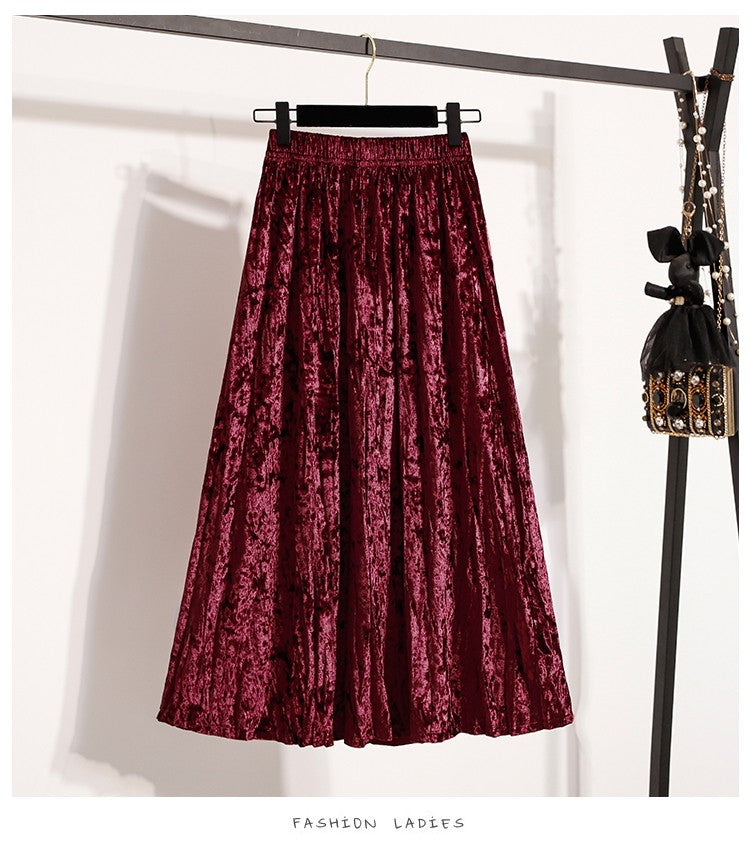 Autumn Winter Girls New A-line Velvet Skirt 2025 Plus Size Gold Velvet Half Pleated Skirt Solid Versatile High Waist Mid Skirt