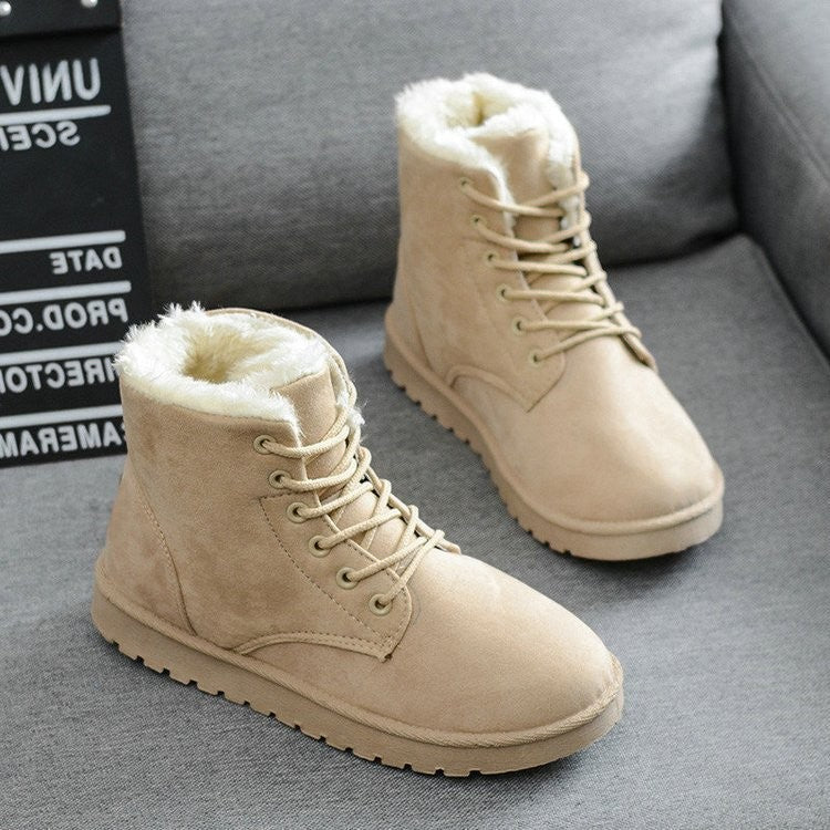 Smile Pop Winter New Flat Snow Boots Comfortable Warm Velvet Plush Cotton Shoes Round Toe Snow Boots Lace-up Short Boots Women