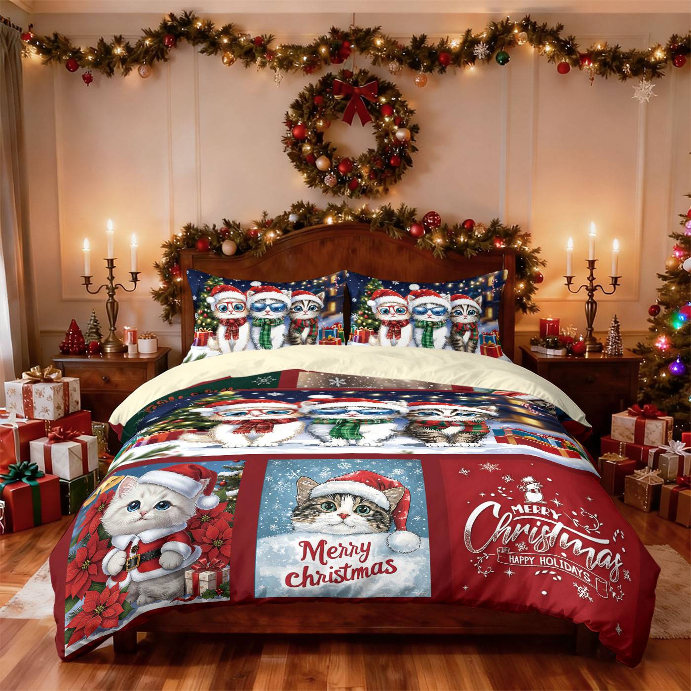 3pcs Merry Christmas Cat Printed Chipless Bedding Set Soft Dormitory Bedroom Multiple Sizes Machine Washable