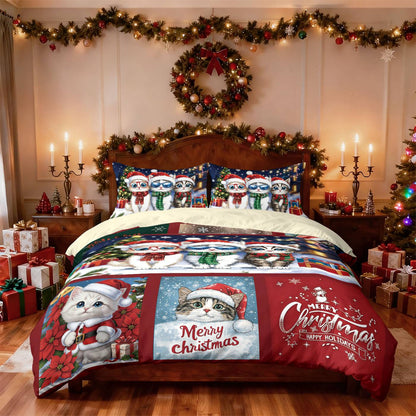 3pcs Merry Christmas Cat Printed Chipless Bedding Set Soft Dormitory Bedroom Multiple Sizes Machine Washable