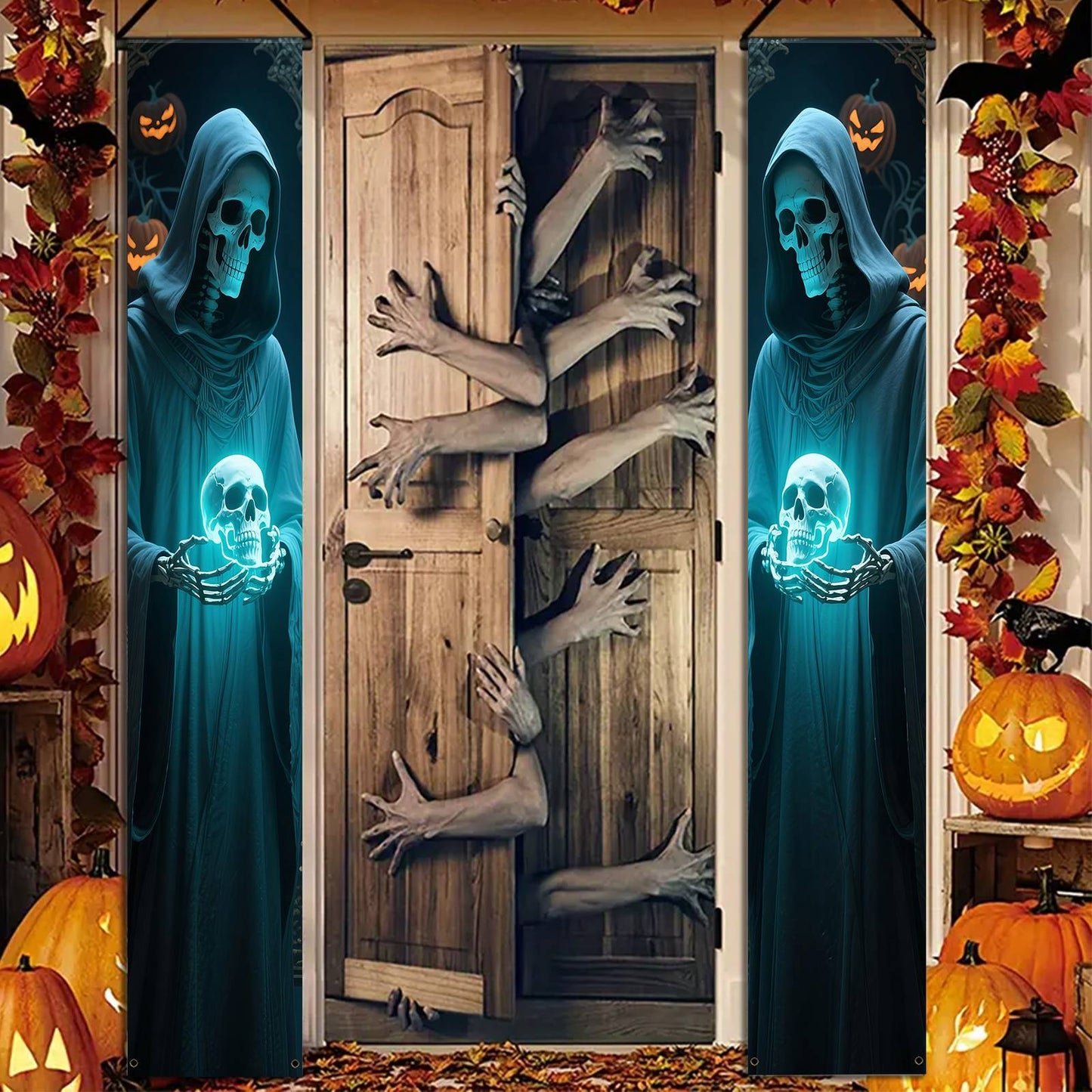 Party Banner,, Halloween Party Decorative Couplets, 2D Hanging Banners with Skeleton Design in Black Robes and Hooded Figures