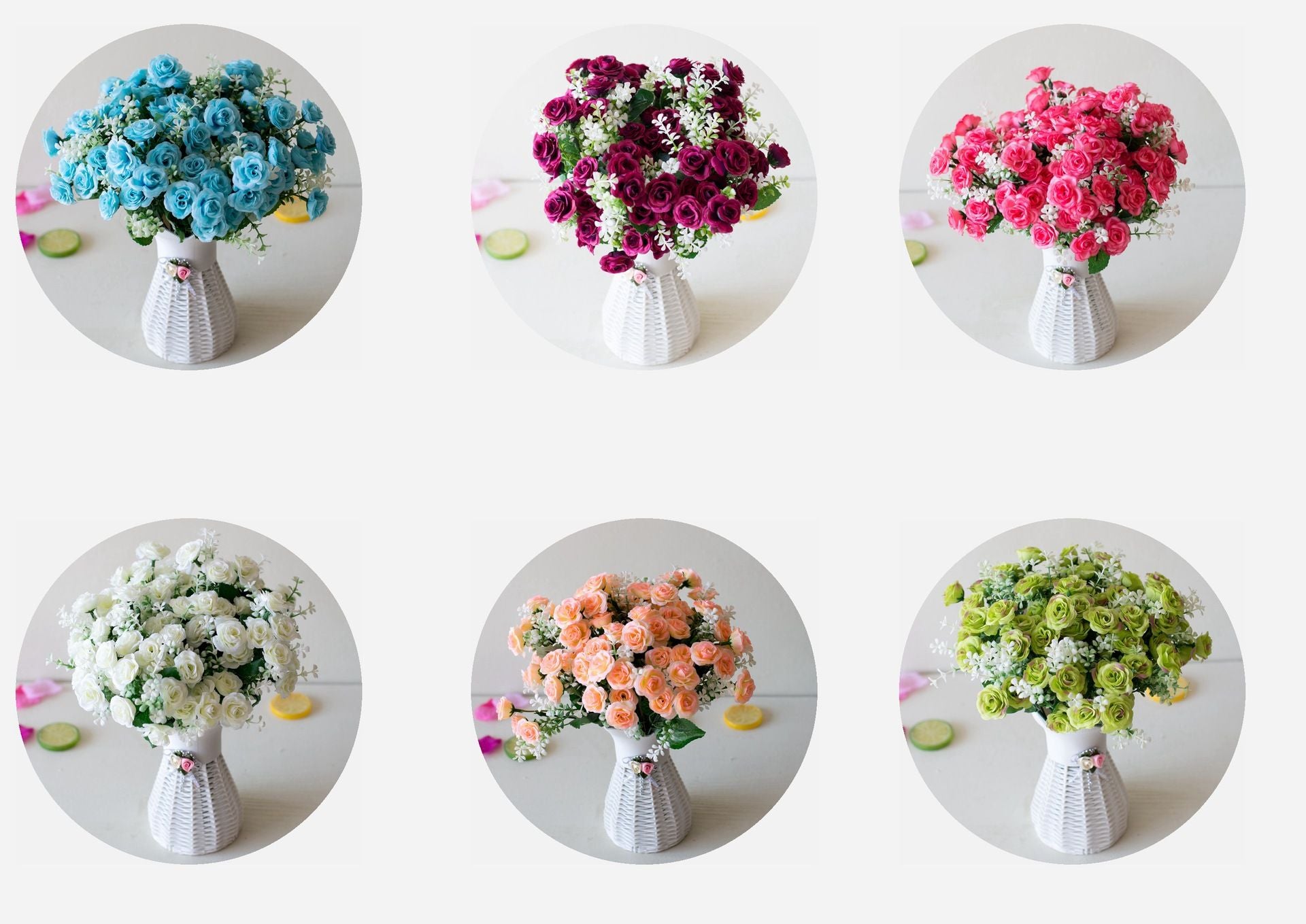 30cm 15Heads Artificial Mini Roses Flower Bouquet Home Living Room Office Desktop Ornament Fake Flowers Wedding Party Decor