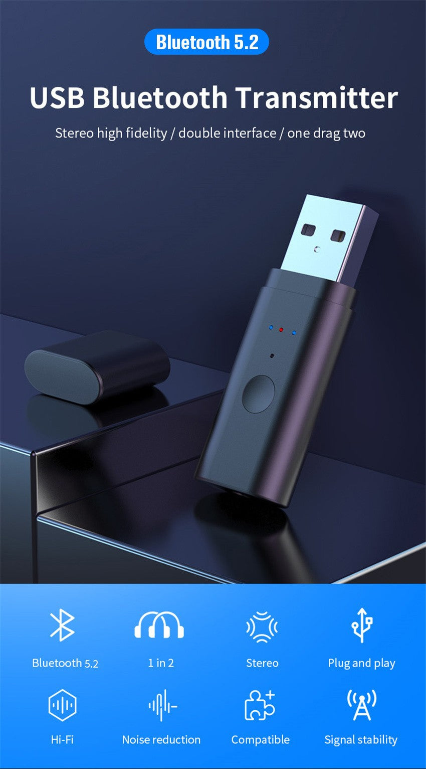 Adaptador Transmissor de Áudio Sem Fio Divisor Bluetooth Para 2 Fones de Ouvido Funcionando Juntos, 2 Fones de Ouvido Sem Fio Tocando Juntos