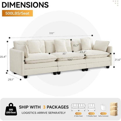 111" Luxury Sectional Deep Seat Couch – Cloud Modern Comfy Chenille Living Room Sofa, 3-Seat Modular Upholstered