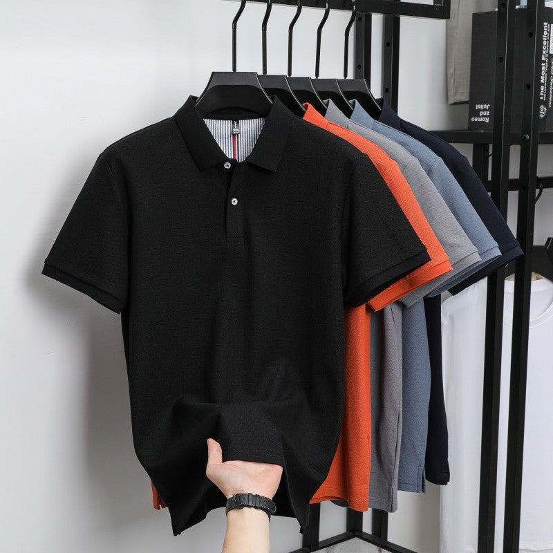 100% pure cotton short sleeved men's polo shirt summer boutique fashion high-quality top solid color collar back striped T-shirt
