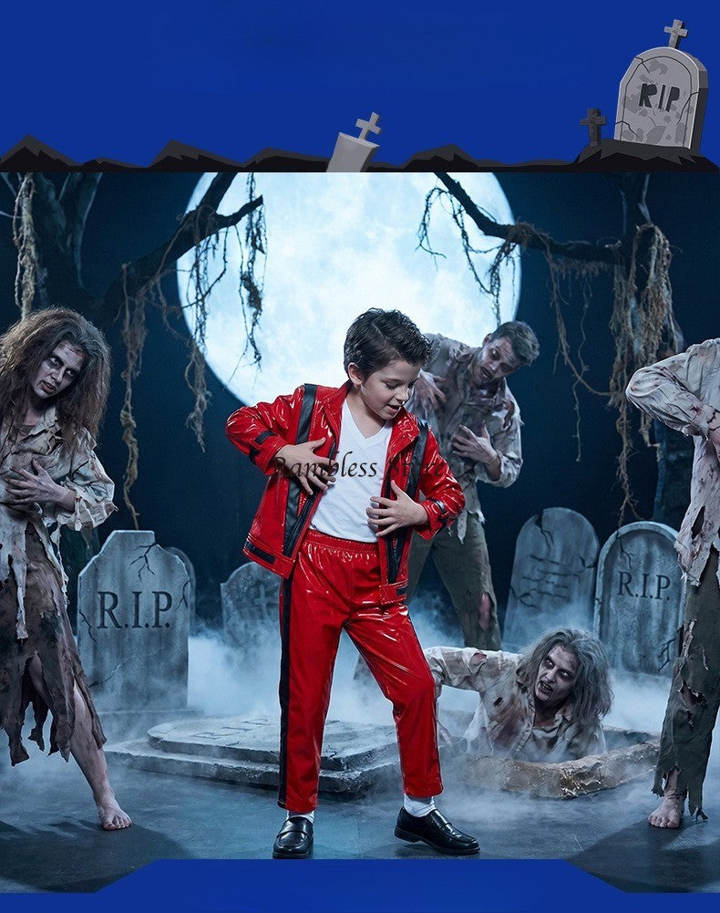 Red Jackets for Michael Jackson Cos Dancing Clothes Children Kids Halloween Purim MJ Dancer King Cos Performance Suits