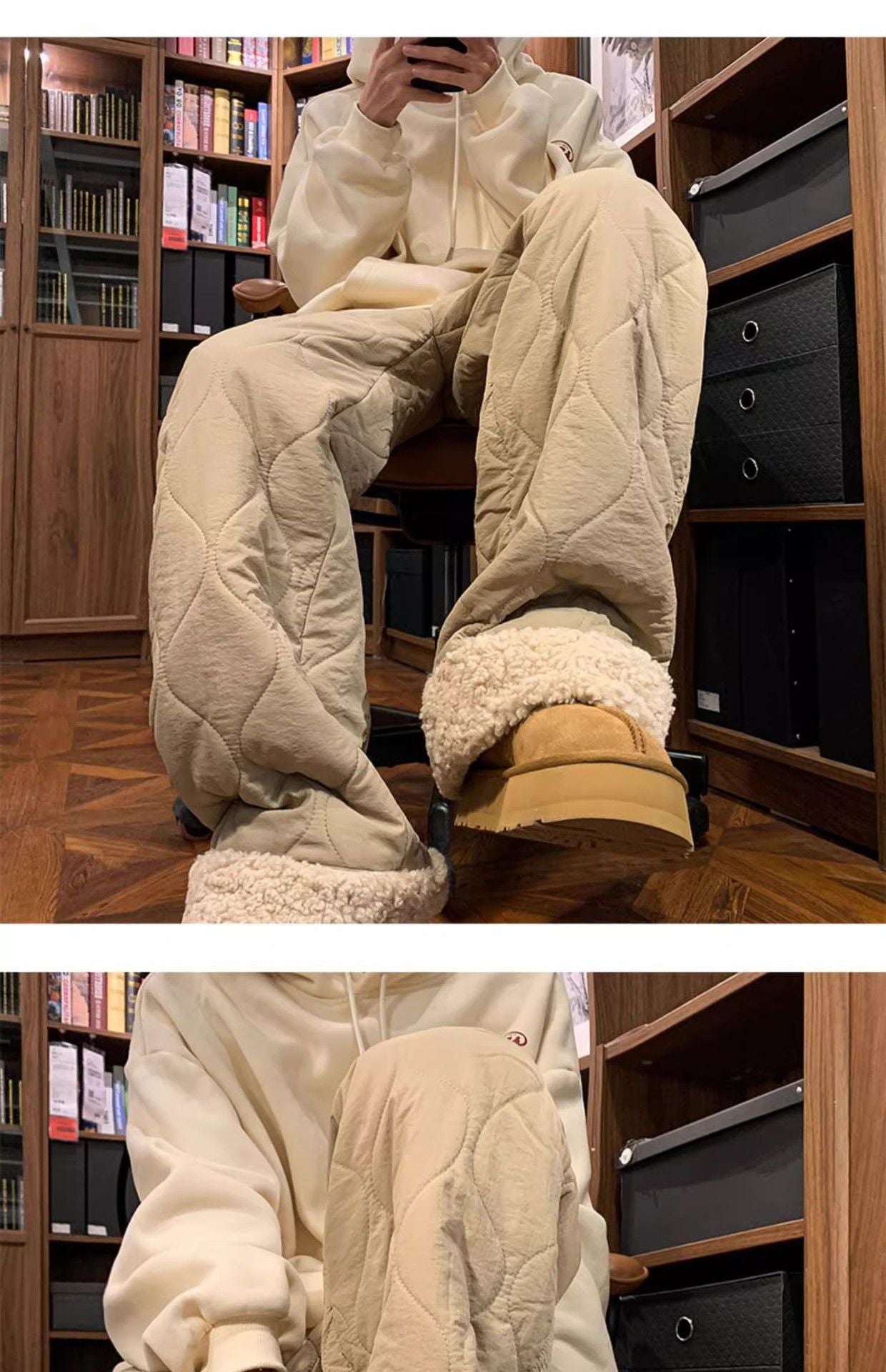 Heavy Winter Cotton Waterproof Splicing Lamb Fleece Cotton Pants for Men and Women, Solid Color Diamond Grid Embroidered Clip Co