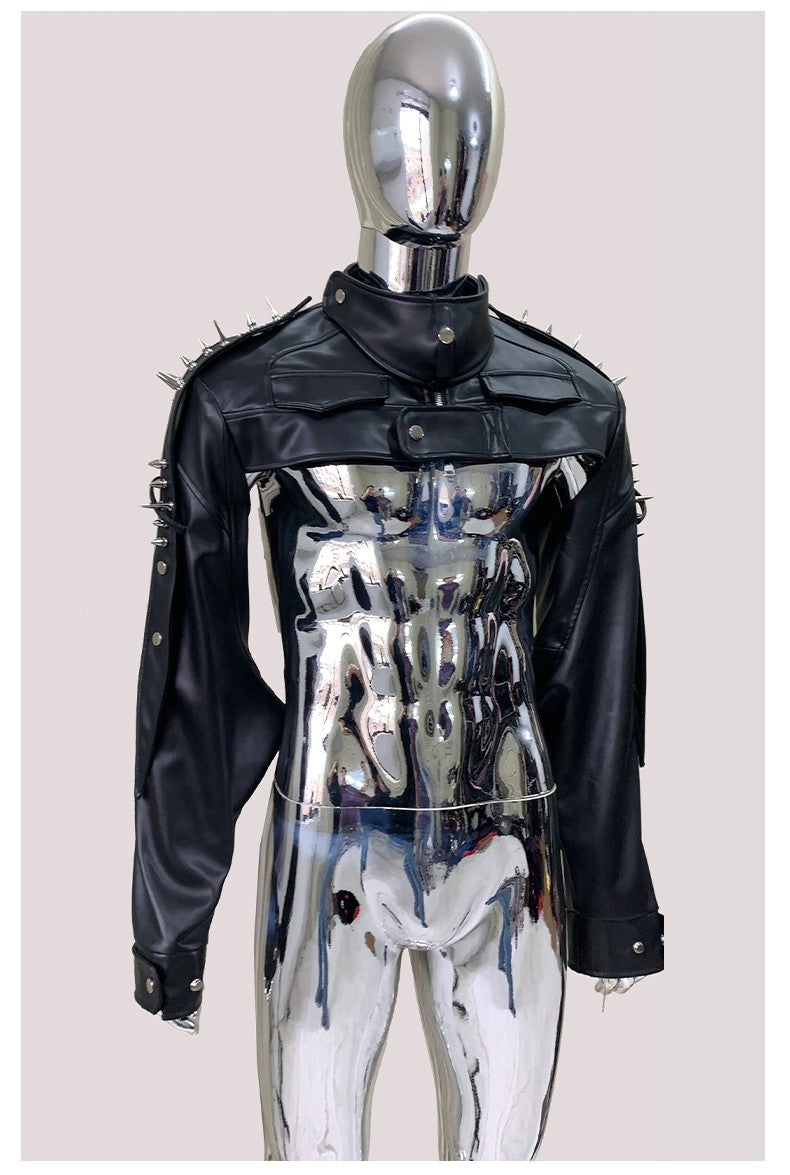 Mauroicardi Cool Black Cropped Pu Leather Jacket Men Rivet Shoulder Pads Zip Up Short Luxury Punk Style Clothes European Fashion