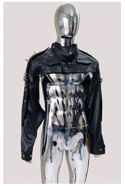 Mauroicardi Cool Black Cropped Pu Leather Jacket Men Rivet Shoulder Pads Zip Up Short Luxury Punk Style Clothes European Fashion