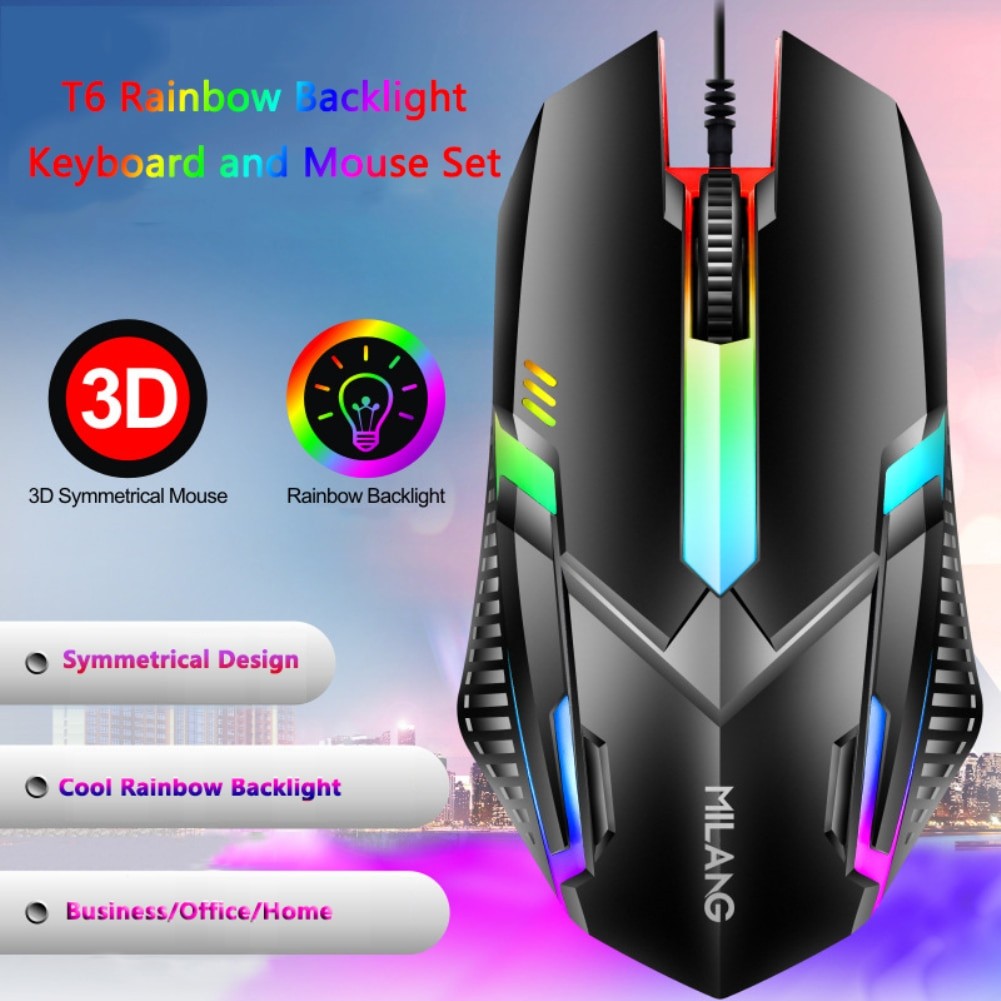 Teclado e Mouse com Fio e Retroiluminação Rainbow, Teclado com Teclas Flutuantes Forte, Resistente ao Desgaste, Sensação Confortável para Escritório Comercial