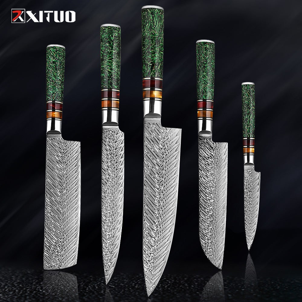 Conjunto de Facas de Cozinha XITUO Luxury Damascus Japonesas Chef Santoku Faca Cutelo Descascar Faca de Pão Cabo de Resina Sintética Destaque