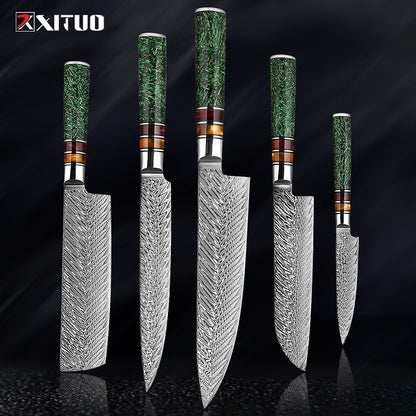 Conjunto de Facas de Cozinha XITUO Luxury Damascus Japonesas Chef Santoku Faca Cutelo Descascar Faca de Pão Cabo de Resina Sintética Destaque