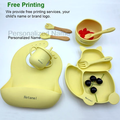Baby Silicone Sucker Bowl Plate Cup Bibs Spoon Fork Sets Children Tableware Baby Feeding Dishes Sets Personalized Name BPA Free