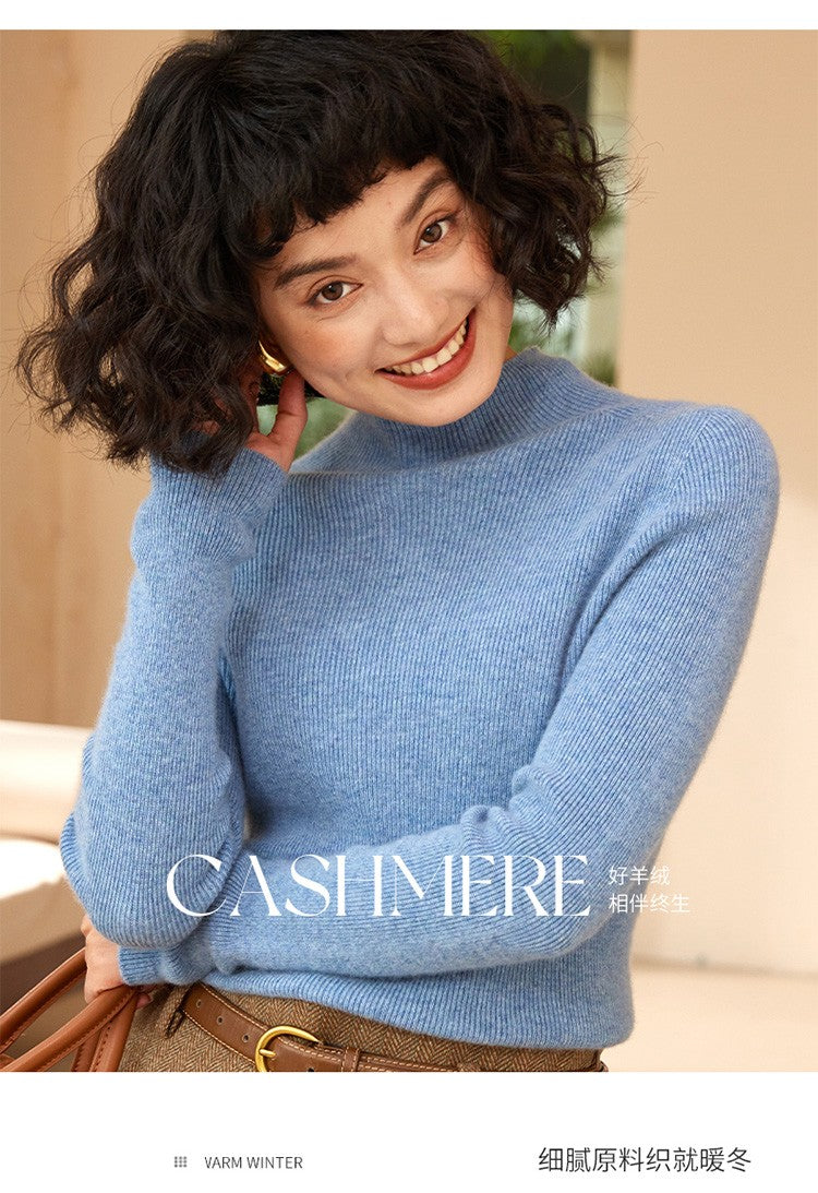 Autumn and winter new women's 100% pure cashmere semi high neck pullover sweater knitted slim fit hot selling women's top
